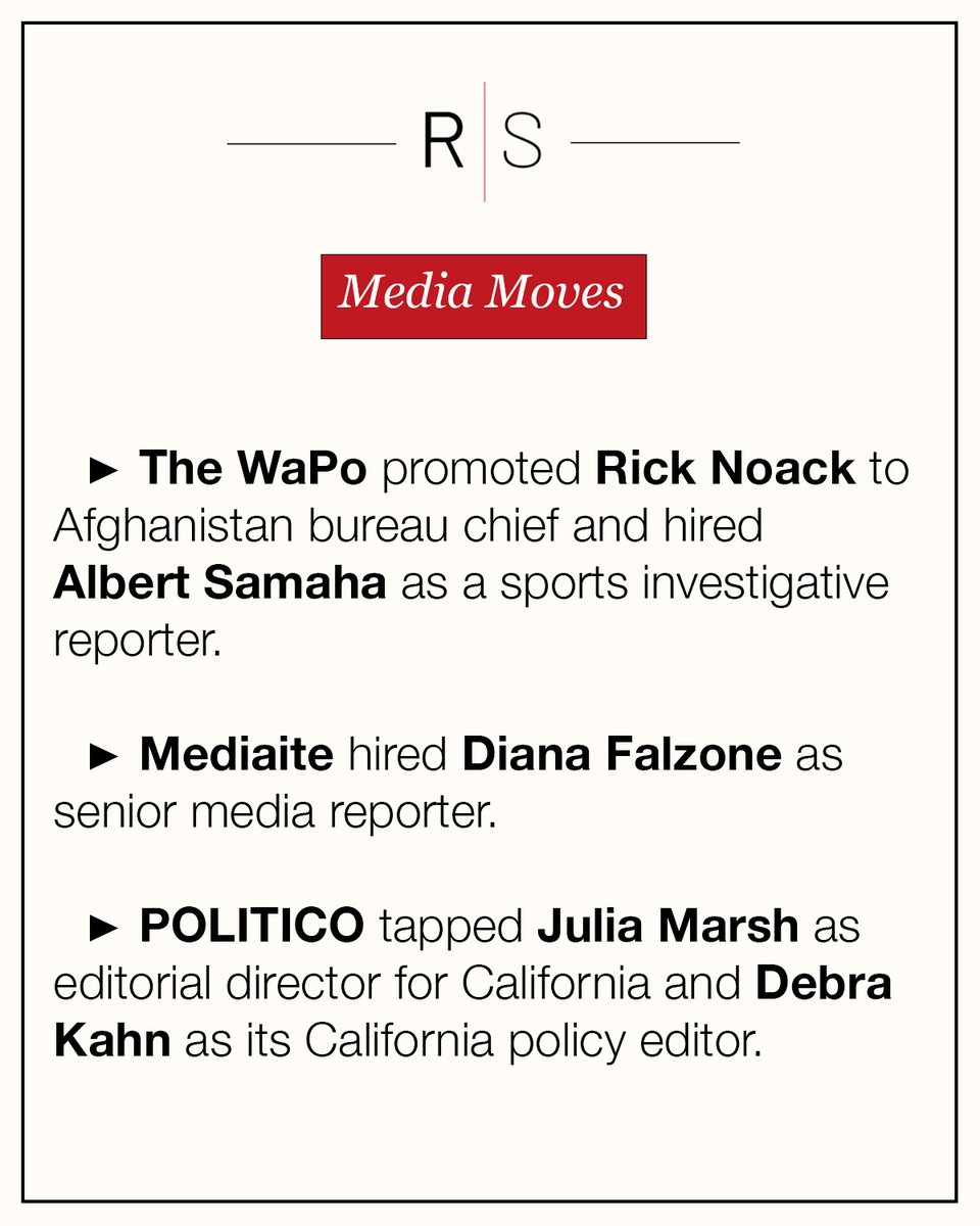 Today's Media Moves with Reliable: @rick_n and @AlbertSamaha at the @washingtonpost, @dianafalzone at @mediaite, and @juliakmarsh and @debra_kahn at @POLITICO.