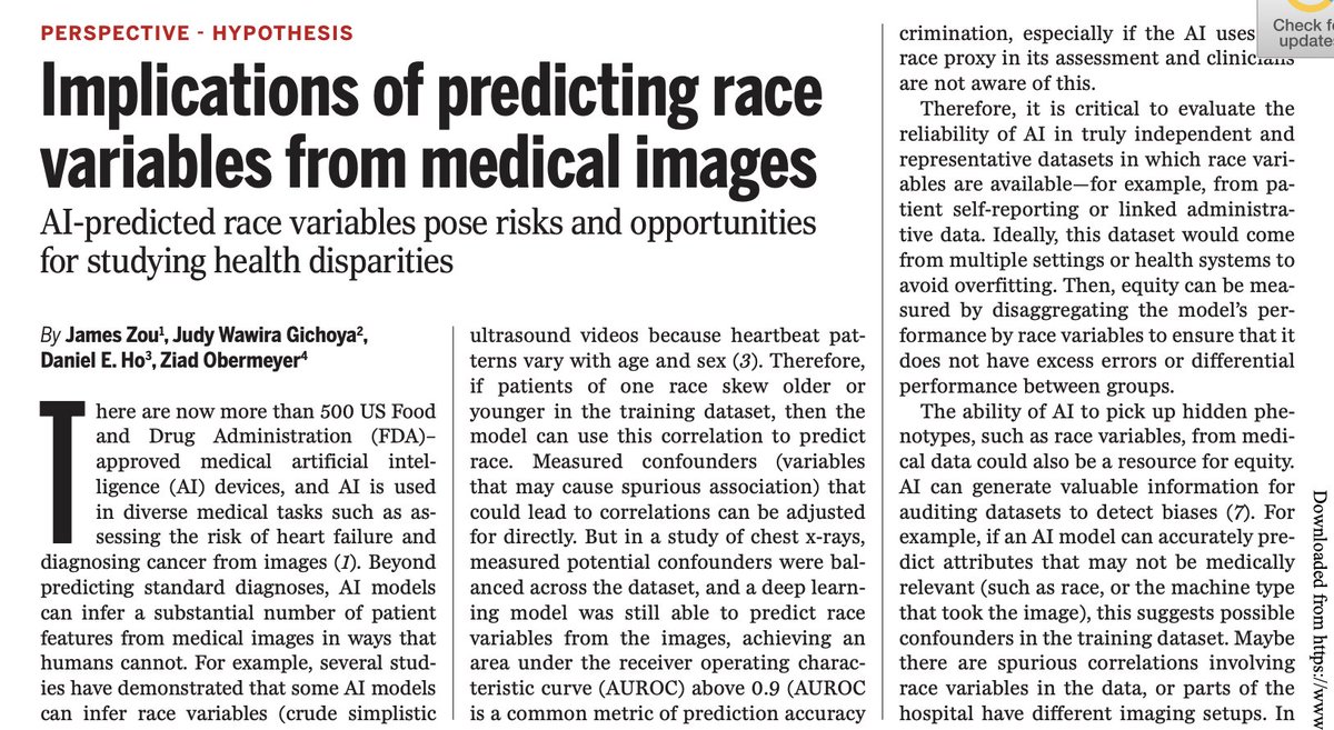 #AI can infer patient demographics, e.g. race variables, from medical images. We discuss implications of this for responsible algorithms and for studying healthcare disparities in a new <a href="/ScienceMagazine/">Science Magazine</a> article (w/ <a href="/judywawira/">Judy Gichoya</a> <a href="/oziadias/">Ziad Obermeyer</a> Daniel Ho) 
science.org/doi/10.1126/sc…