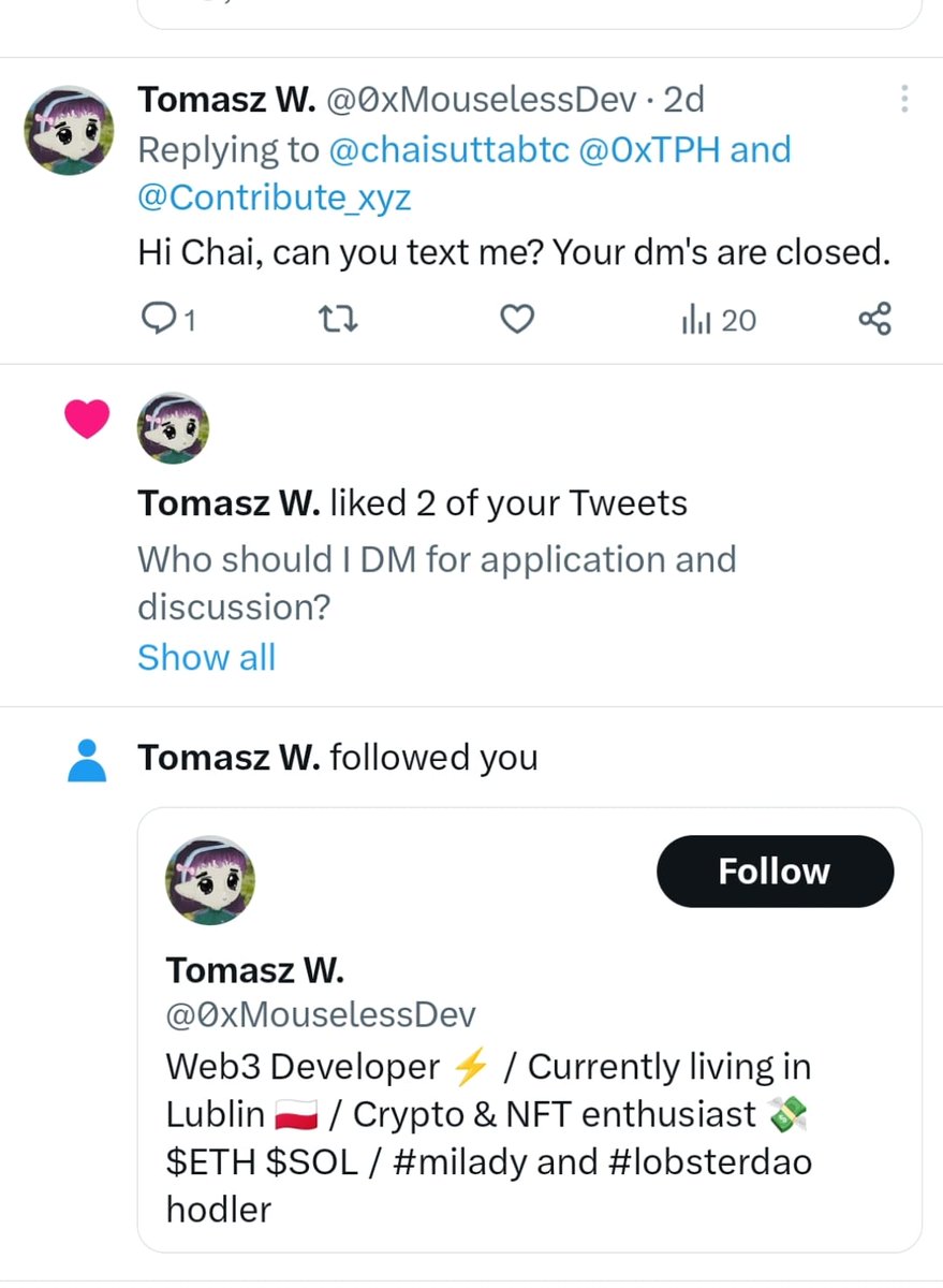 ⚠️Scam Alert ⚠️

How I end up getting scammed for every crypto to <a href="/pheew_nft/">Albino R.</a> &amp;  @0xMouselessDev

I got a twitter notification to DM as i have commented on a post for job.

Post: x.com/chaisuttabtc/s…