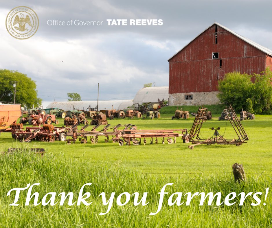 tatereeves's tweet image. Last year, Mississippi’s agricultural industry hit a record $9.7 billion in overall production.

If you get a chance, thank a farmer today. I’m incredibly proud of the role Mississippi plays in feeding the nation.