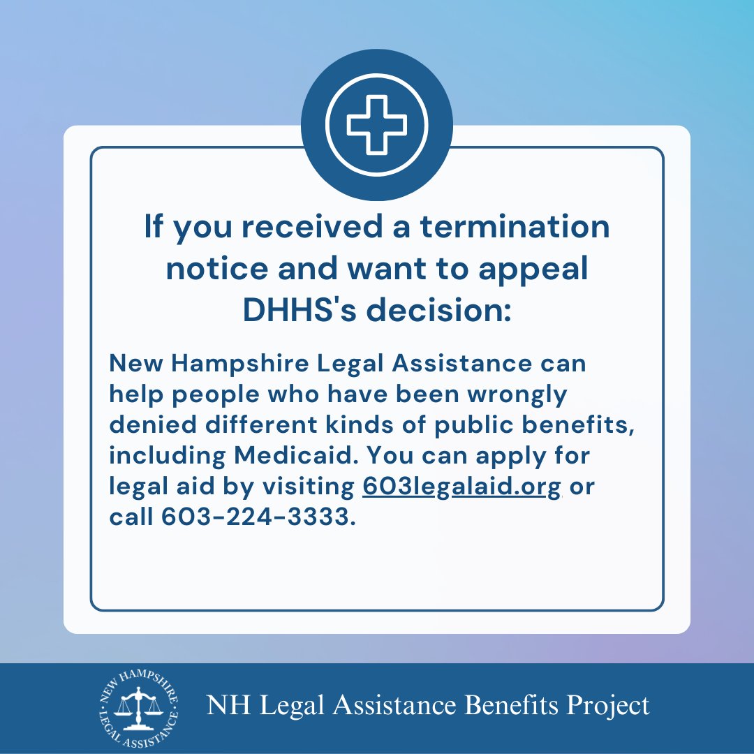 NH Justice for All (@nhjustice4all) on Twitter photo Thousands of Granite Staters have lost Medicaid since COVID-19 protections expired. However, if you received a termination notice, you have options for getting new affordable coverage or fighting to keep your Medicaid. Swipe through to learn more! Thousands of Granite Staters have lost Medicaid since COVID-19 protections expired. However, if you received a termination notice, you have options for getting new affordable coverage or fighting to keep your Medicaid. Swipe through to learn more!