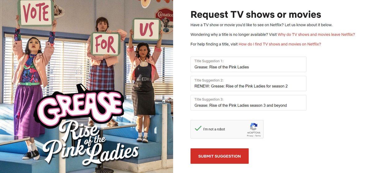 kingfridaybear's tweet photo. SPREAD THE WORD! #SaveRiseOfThePinkLadies @saveourpinks Follow the link below to submit your request to @Netflix. Enter Grease: Rise of the Pink Ladies, check I'm not a robot, and hit submit. https://t.co/wQxsI2V4jt https://t.co/Zx0cu89D9w