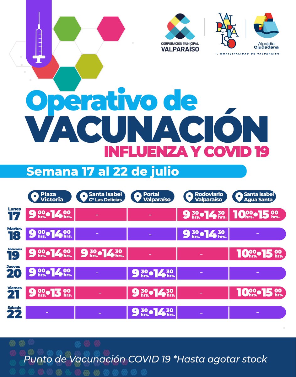 cmvalparaiso's tweet photo. Recuerda que tenemos vacunación en el plan de Valparaíso💉😷

Revisa horarios y lugares para la vacunación contra la Influenza y COVID 19 de esta semana🙌🏼

#EnValpoNosCuidamos 🦠 https://t.co/Okm5tvMY8w
