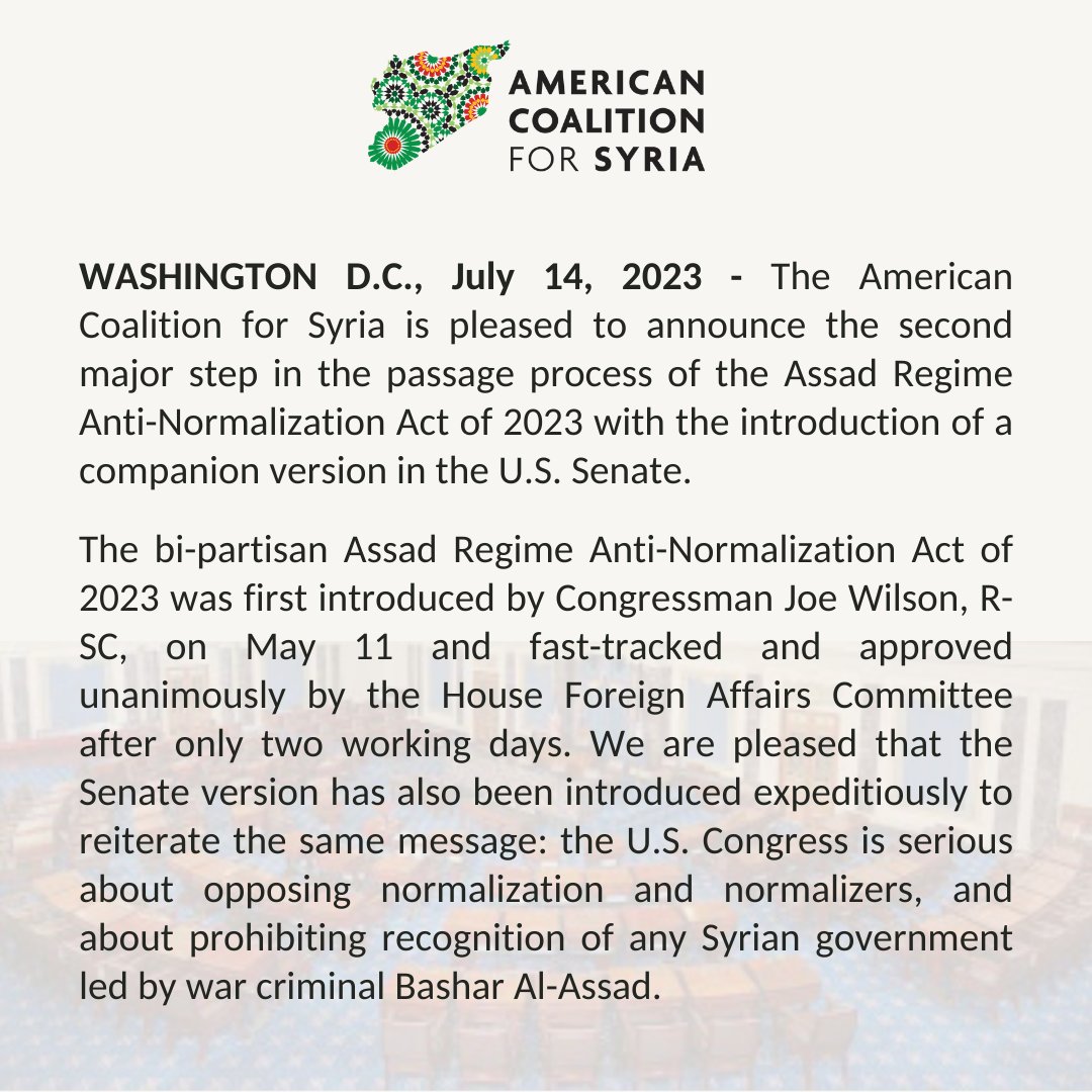 ACSyria's tweet photo. The message is clear: "No to normalizing war criminals." #NormalizeJustice #JusticeforSyria https://t.co/dJ9AnqccFG