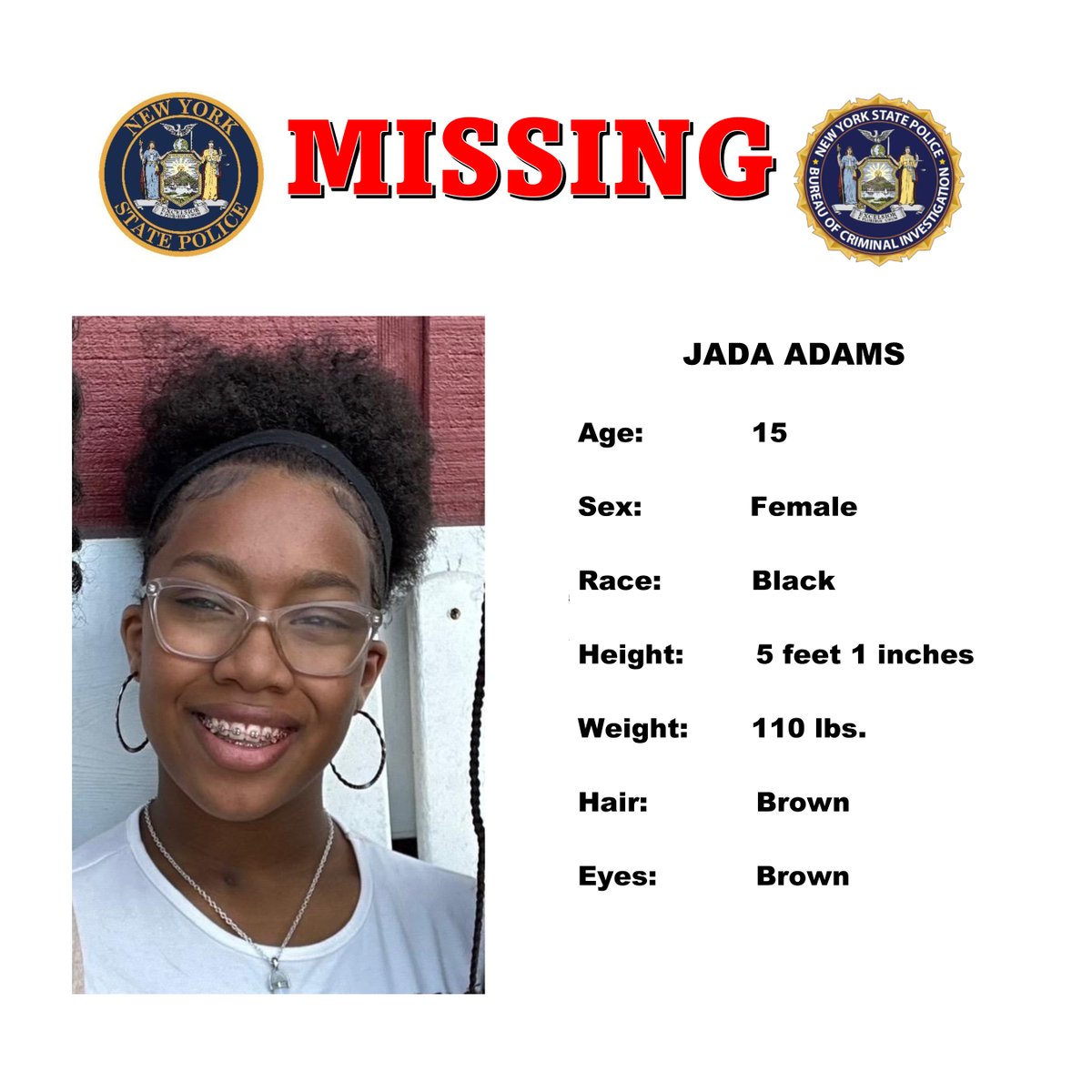NewYorkStatePolice on Twitter "Jada Adams, 15, from Dover Plains, NY