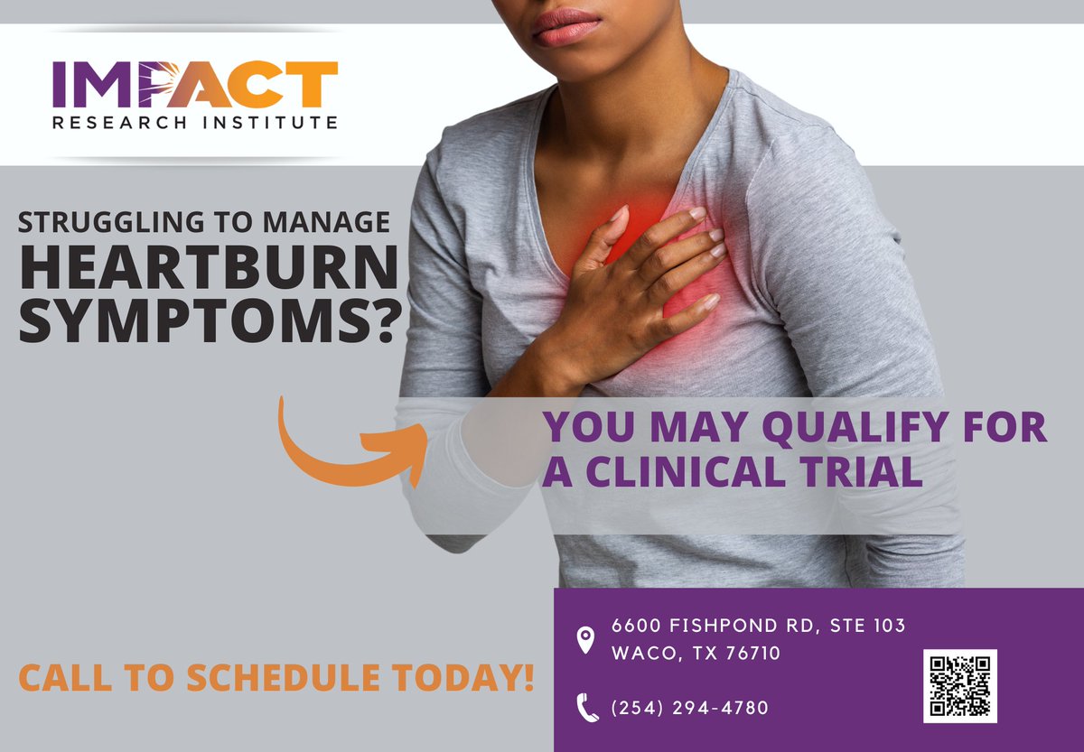ImpactResearch8's tweet photo. If you, or someone you know, has heartburn or acid reflux (including GERD), you may qualify for a clinical trial.

Call us today to see if you qualify at 254-294-4780!

Benefits of a Clinical Trial:
✅Access to new treatments
✅Closer monitoring
✅Free treatment
✅Compensation https://t.co/143LkEmCQi