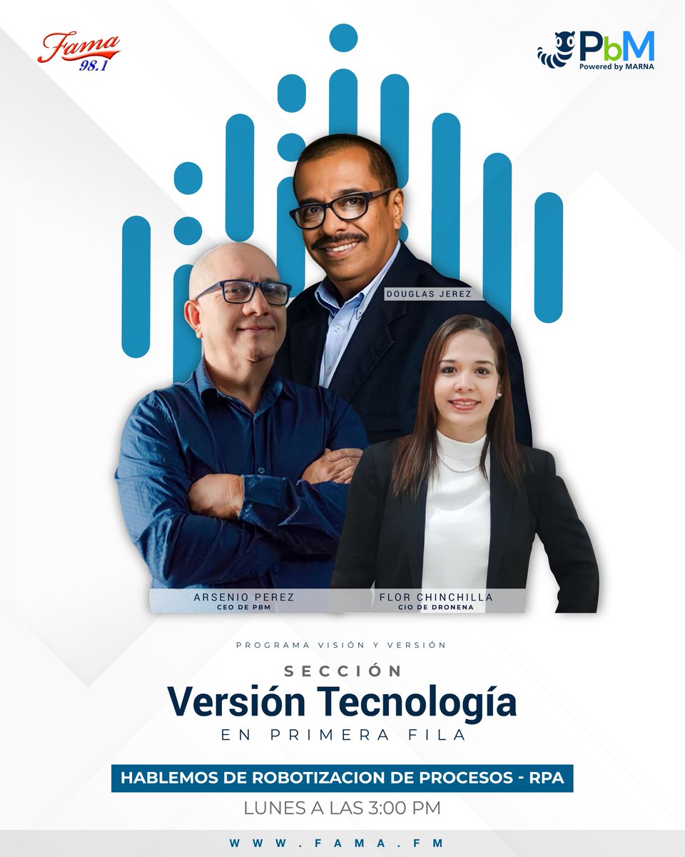 Red_PbM's tweet photo. Únete a nosotros en Visión y Versión por Fama 98.1 FM el lunes a las 3pm para discutir acerca de la Robotización de Procesos - RPA. Puedes sintonizarnos en https://t.co/1x1ZpG8stw o YouTube "Fama 98.1 en vivo"
#VersiónTecnológica #RobotizacionDeProcesos #RPA #Tecnologia https://t.co/UZCX0dLXdb