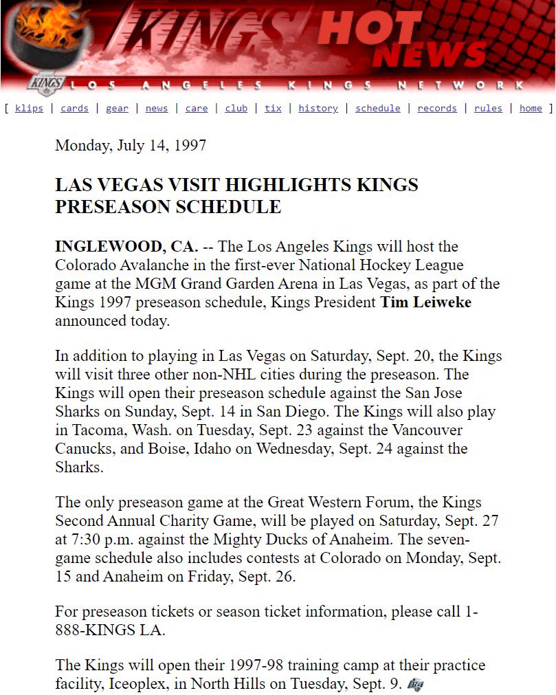 On July 14, 1997, the @LAKings announced the first Frozen Fury preseason game against the Colorado Avalanche, which would take place on September 20 at the MGM Grand Garden Arena in Las Vegas, Nevada.

#LAKings #GoKingsGo https://t.co/87ES3JW5T6