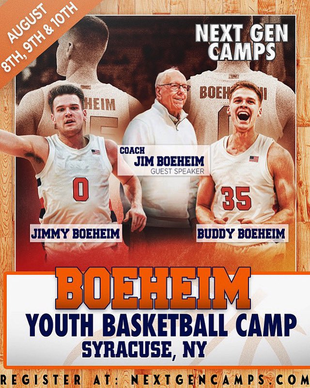 Excited to announce the first Boeheim Bros basketball camp coming next month from August 8th-10th! Looking forward to working with the area’s youth on their games and having fun in the process. Link below for more info and registration ! @nxtgencamps 

nextgencamps.com/boeheim-youth-…
