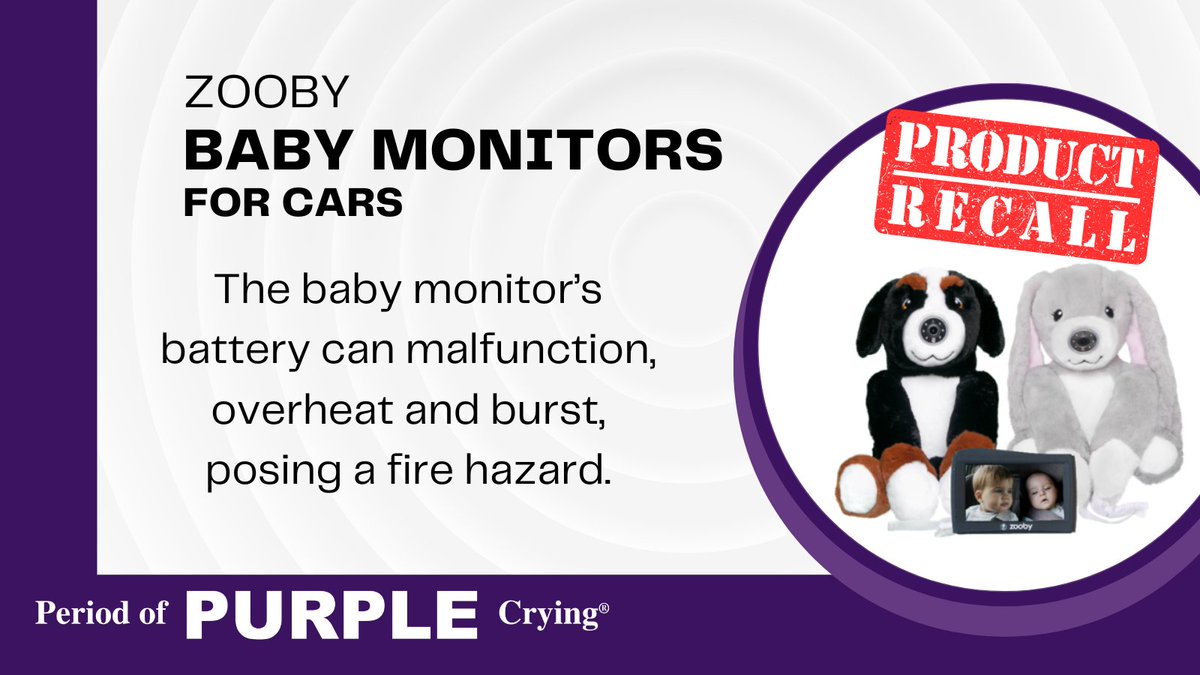 PURPLEcrying's tweet photo. The #CPS has issued a #recall on Zooby video baby monitors for cars! Consumers should immediately remove the battery from the plush camera monitor and can continue to use the product through their plug-in ability.

For more info, visit the CPS website at https://t.co/ysdvK3RNSr https://t.co/bCAqPiTvOn