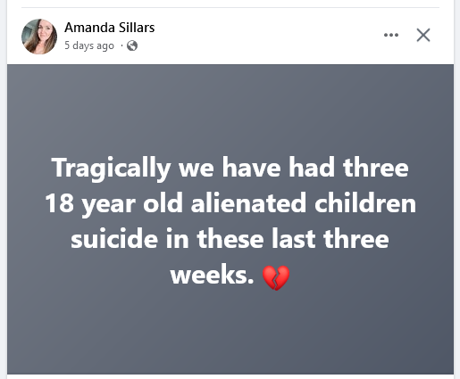 PAcumbria's tweet photo. Tragically we have had three 18 year old alienated children suicide in these last three weeks. 

#ParentalAlienation https://t.co/SwuP6jniHq