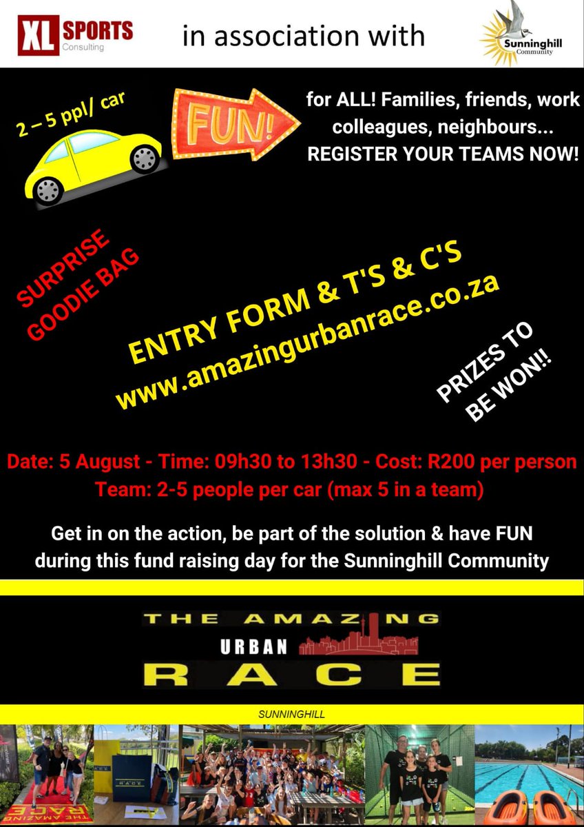 The Amazing Urban Race Sunninghill Don't forget to register your teams now on the link below: amazingurbanrace.co.za Morning full of fun Surprise Goodie Bag Prizes to be won! Join us for a lunch at the end, by the finish line.