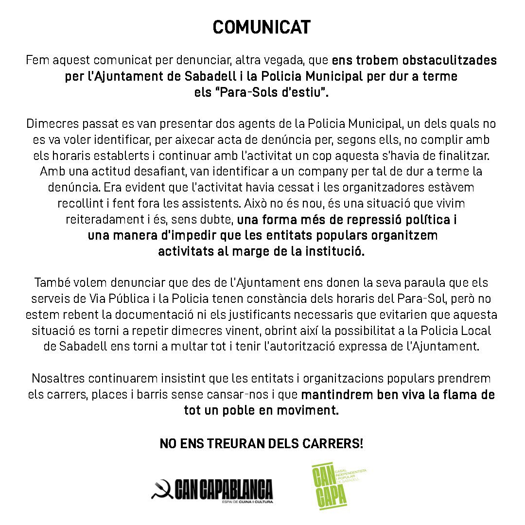 Rest_Capablanca's tweet photo. 📢 COMUNICAT DE DENÚNCIA

Dimecres va voler venir la poli al nostre acte i ens va deixar una denúncia per incompliment d'horari quan estàvem recollint i l'ajuntament no ens dóna la documentació necessària! 😵 
Però no ens cansarem i seguim amb l'activitat cultural i popular! ✨✊🏿 https://t.co/BaH1br1Oka