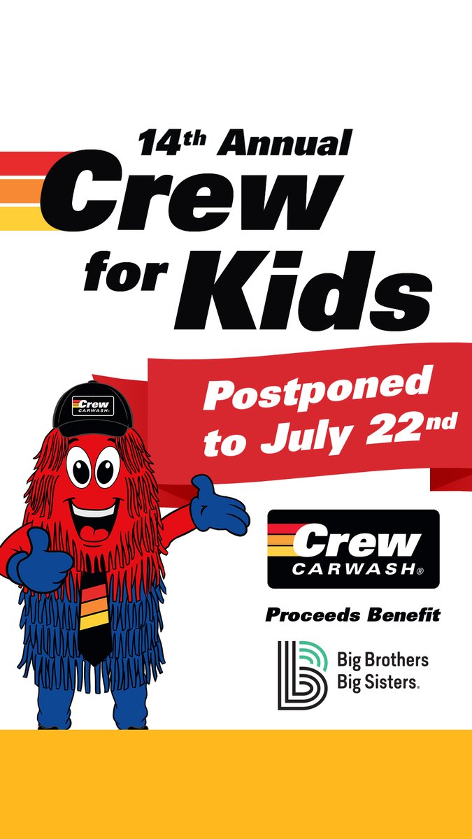 Due to inclement weather, Crew for Kids is postponed to July 22nd. Next Saturday, join us at your local Crew Carwash from 10AM-2PM to purchase an ULTIMATE wash! 50% of proceeds will be donated back to BBBSSCI. See you then!
