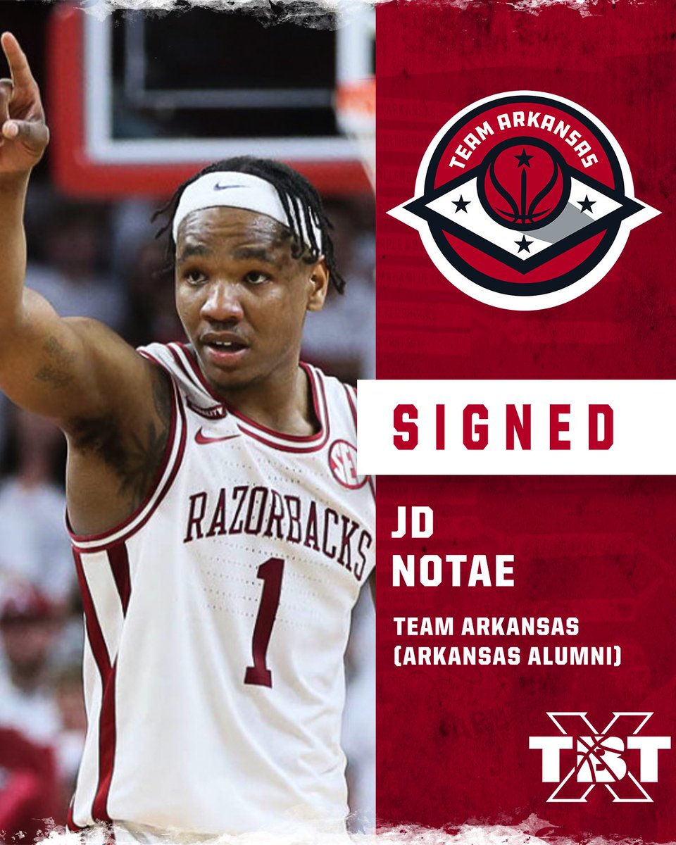 thetournament's tweet photo. 😱TEAM ARKANSAS GETTING BETTER BEFORE THE DEADLINE😱

JD Notae, who averaged 18.3ppg and was First Team All SEC his final year with @RazorbackMBB, will suit up with @TeamArkansasTBT in Wichita!

@jdnotae is ready to rock with the team of former Razorbacks🐗💯 https://t.co/dtsSYwWl2e