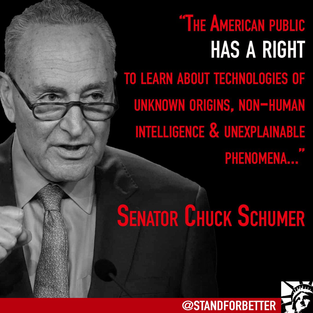 StandForBetter's tweet photo. With the NDAA legislation by Senator Schumer, it's clear he knows that for 80+ years, every Presidential administration has agreed to keep this hidden from the public

President Biden, @JoeBiden, it is our right as Americans to be told the truth.

#disclosure #ufotwitter #uaptwitter #ufos #uaps #democrats #republicans