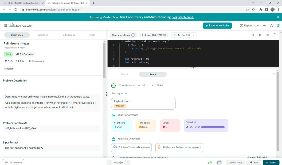 ashlesha172002's tweet photo. Hello All, I have completed #Day075 of #365DaysofCode Challenge with
@scaler_official
Today I solved the question-Palindrome Integer
Scaler discord community link: https://t.co/kGGj8hvSQ0 #scalerdiscord #codewithscaler https://t.co/j3fLV7h2lc