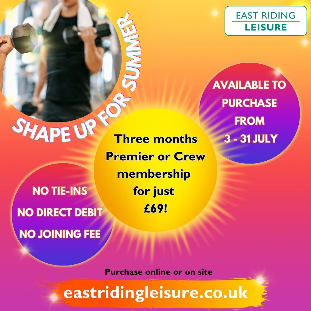 ERLeisure's tweet image. Fancy three months Premier membership for just £69?

Our Shape up for Summer membership offer is back – saving you up to £30!😎 

Get fit without tie-ins, joining fees or direct debit sign-ups!

Available 3 - 31 July online or on site.

orlo.uk/Shape_Up_For_S…
#shapeupforsummer