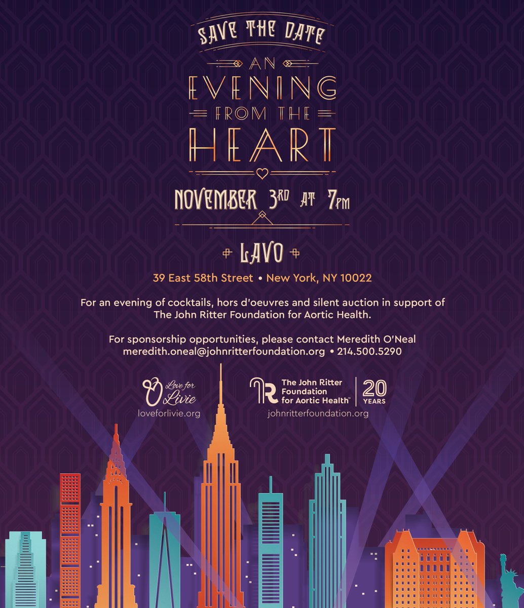 JohnRitterFdn's tweet image. SAVE THE DATE for The JRF An Evening From The Heart 💜 event in New York City on November 3. You won’t want to miss it! Be on the lookout 👀for more info soon.
#AortaEd #loveforlivie #partywithapurpose #johnritterfoundation #AortaSupporta #aortaed #johnritter #aorticdissection