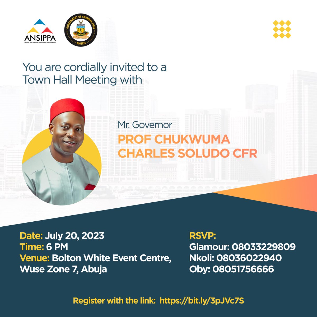 ANSIPPA's tweet image. Mark your calendars!

On Thursday, Mr. Governor will be in Abuja to meet with Ndi Anambra to discuss his transformation agenda.

You don&apos;t want to miss this!! 

#ansippa #soludosolution