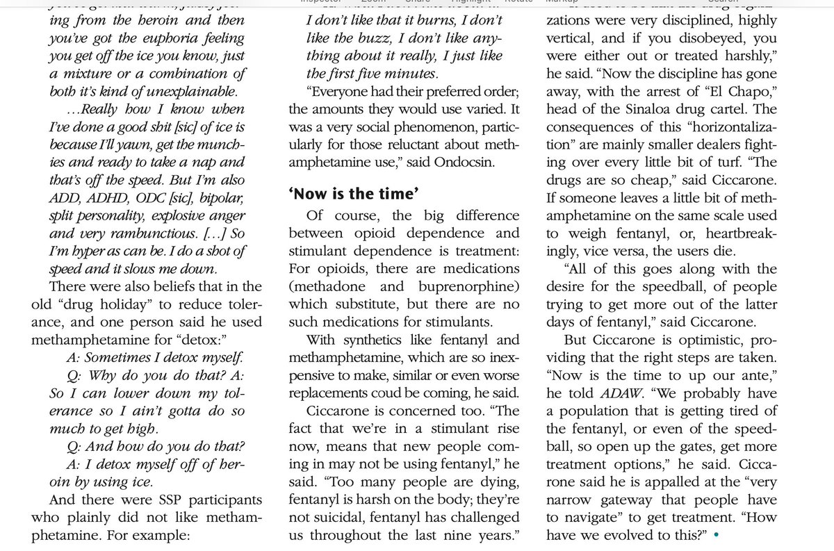"Now is the time to up our ante. We probably have a population that is getting tired of the fentanyl, or even of the speedball, so open up the gates, get more treatment options." <a href="/DanCiccarone/">Dan Ciccarone</a> on polysubstance use quoted in current <a href="/ADAWnews/">ADAW</a>.