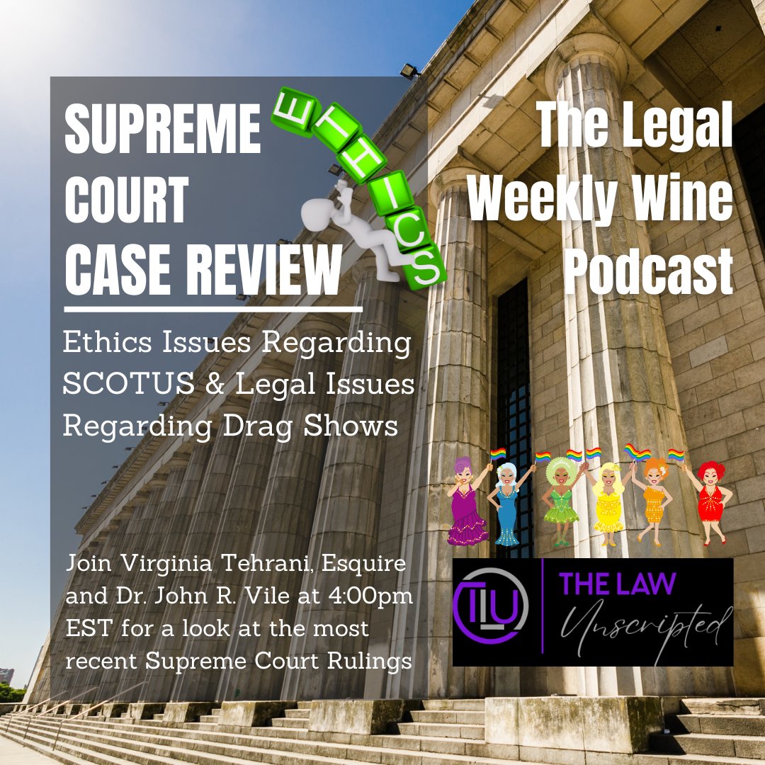 Don't miss our newest podcast today at 4:00pm EST!
#thelawunscripted #thelegalweeklywine #podcast #supremecourt #scotus #scotusruling #ethics #dragshows