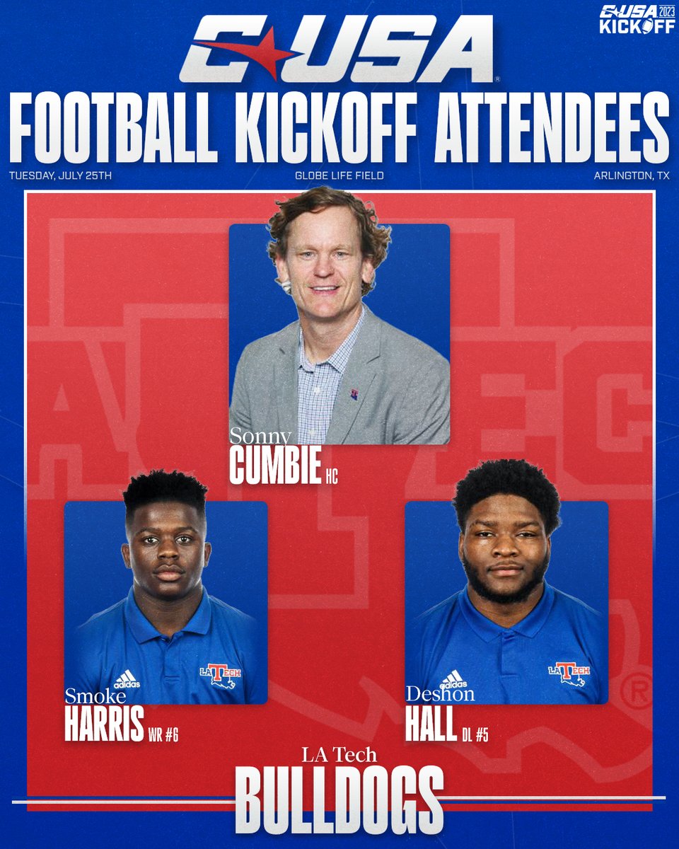 ConferenceUSA's tweet photo. 𝗖𝗨𝗦𝗔 𝗙𝗼𝗼𝘁𝗯𝗮𝗹𝗹 𝗞𝗶𝗰𝗸𝗼𝗳𝗳 🎥🎙
The representatives from @LATechFB
#CUSAFB | https://t.co/zVRLeWYWun https://t.co/N8i0cTeEYb
