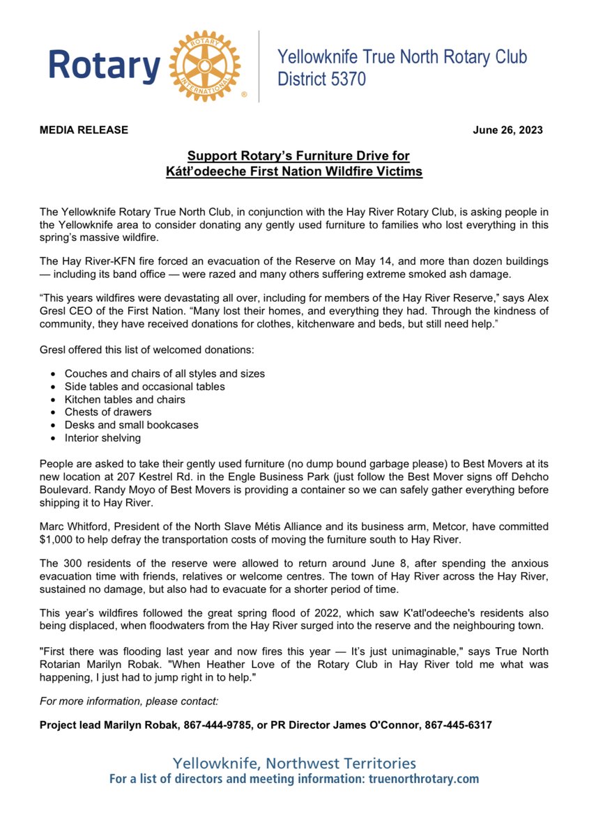 Buying some new furniture? Have some unused pieces taking up space in the basement, spare room or garage? This #Rotary Furniture Drive for Kátł’odeeche First Nation Wildfire Victims will gladly take them. 
#Yellowknife #NWT #HayRiver #KFN #wildfire