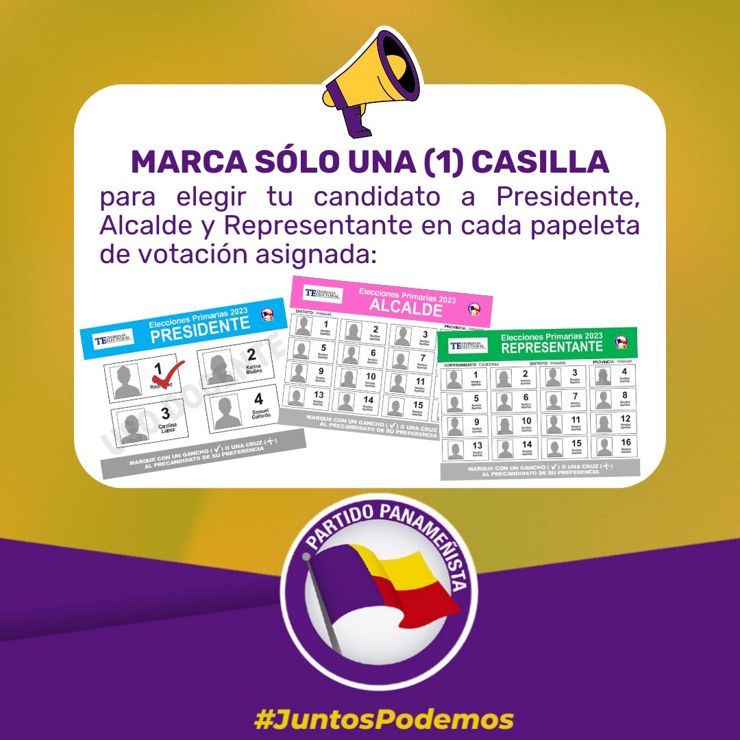 Para elegir candidato a Presidente, Alcalde y Representante en las primarias del 23 de julio solo debes marcar una (1) casilla en la papeleta correspondiente.

Si marcas más de una (1) casilla para estos cargos, el voto será nulo.

Vota bien y hazlo temprano. 

#JuntosPodemos