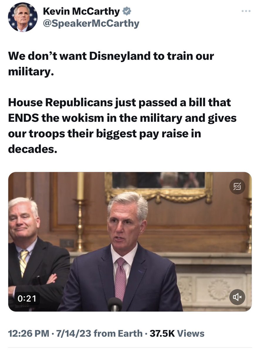 1. Disneyland does not train our military

2. “Wokism in the military” is not a thing

3. Your bill is DOA in the senate

4. You are the most embarrassing excuse for a Speaker in the history of the House of Representatives