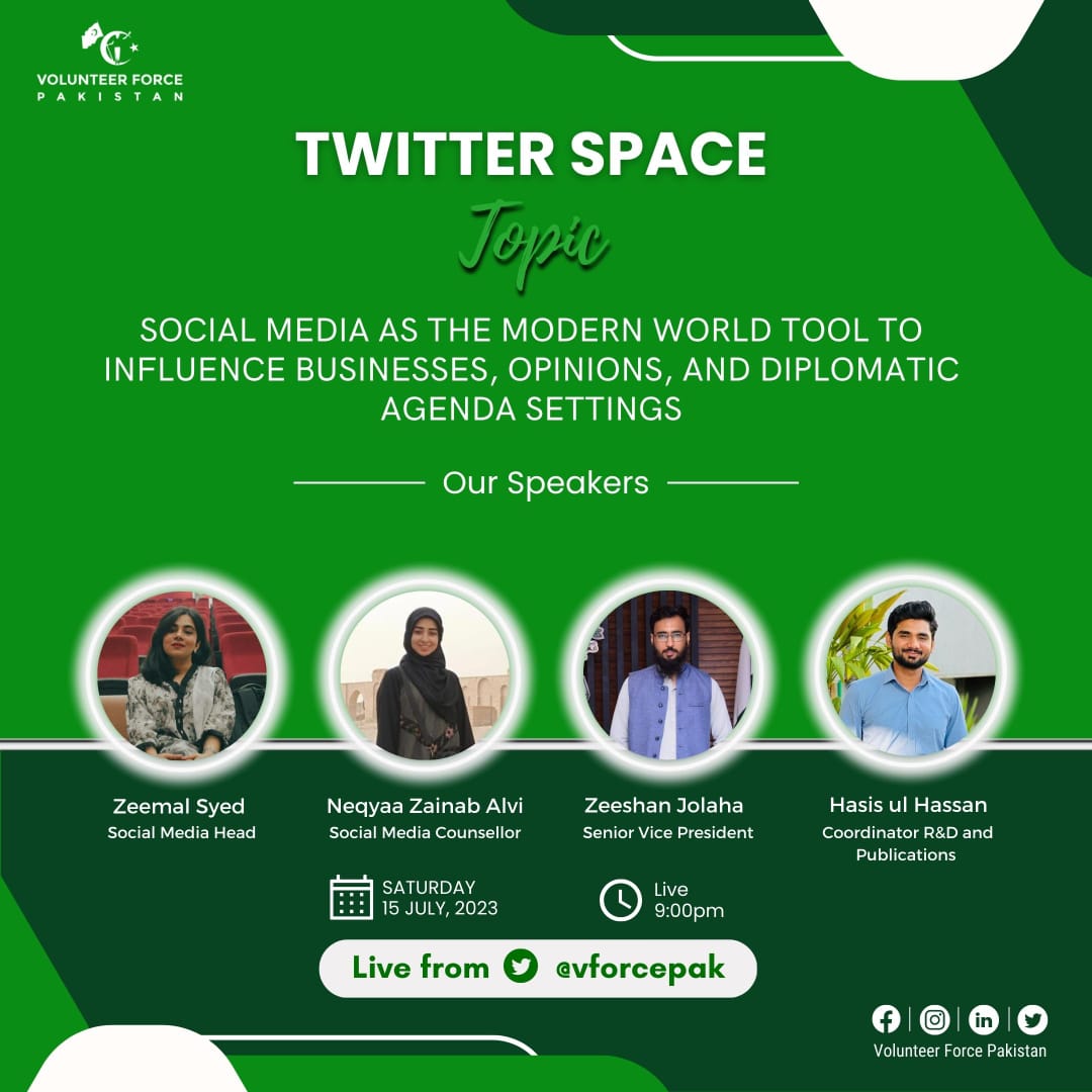 CLCglobally's tweet photo. 📢 Volunteer Force Pakistan Presents
Twitter Space on "Social Media as the Modern World Tool to Influence Businesses, Opinions, Diplomatic Setting Agenda".

📅 Date: Saturday, 15th July 2023
⏰ Time: 9pm (Pakistan Standard Time)
#JoinVolunteerForcePakistan
https://t.co/pakTGGbFG8 https://t.co/KdBBbKBxZT