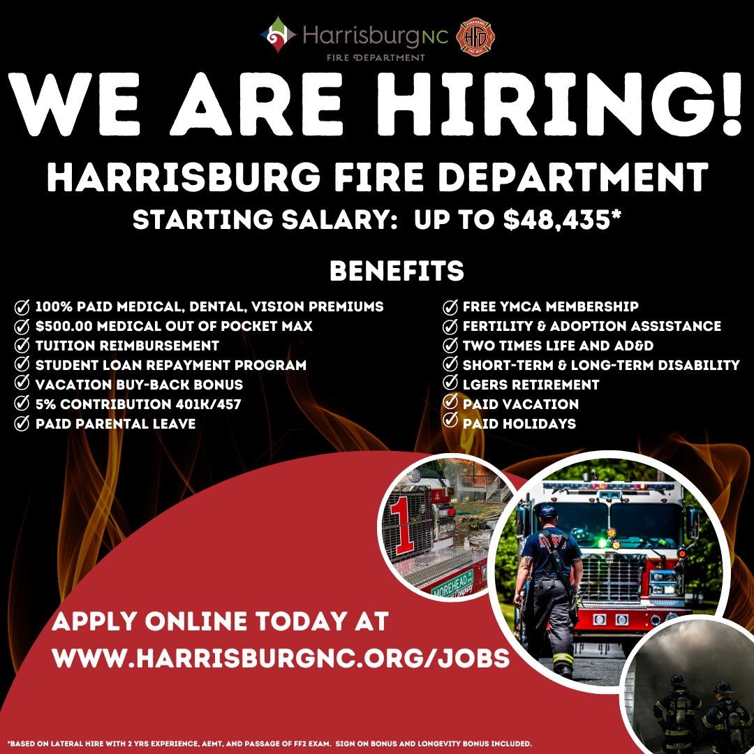 Harrisburg_NC's tweet photo. Harrisburg Fire Department is hiring!  Please visit https://t.co/rwLLyp02Sn for more information! https://t.co/meVrU6bgzp