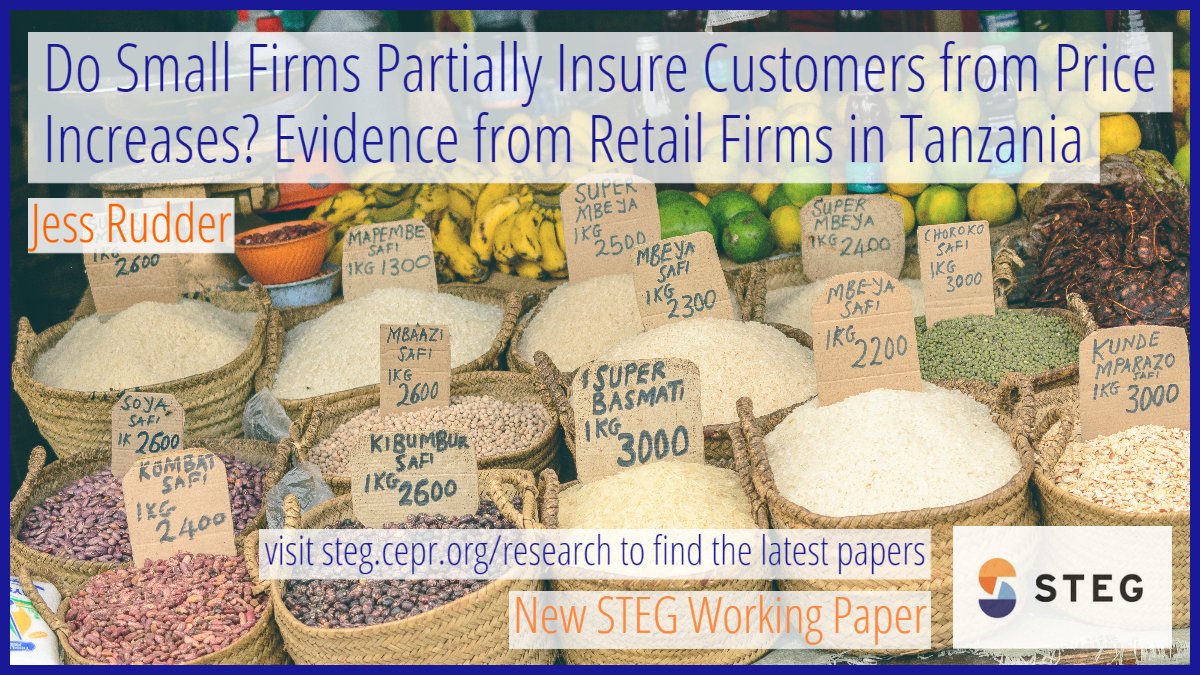 cepr_org's tweet photo. In our latest #STEGWorkingPaper, Jess Rudder (@DILatUChicago) finds that rural food retailers react less to price shocks than urban firms, as evidenced by 270 food retailers in Tanzania.
https://t.co/ikcKBD6btq
#EconTwitter #STEG https://t.co/wSE6KtqxBi