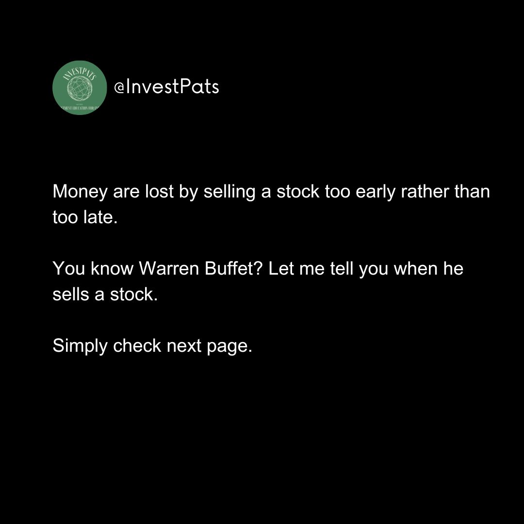 InvestPats's tweet photo. Money are lost by selling a stock too early rather than too late.
You know Warrent Buffet? Let me share with you the two principles he use when he sell a stock.

#Investpats #Investment #Personalfinance #Stocks #Investing #Germany #Expats https://t.co/XoryH3gUKj
