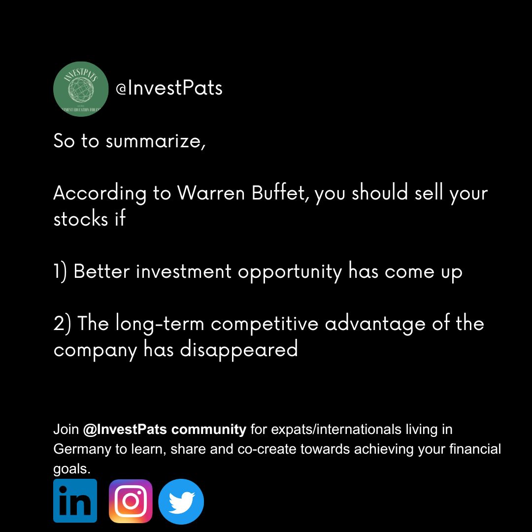 InvestPats's tweet photo. Money are lost by selling a stock too early rather than too late.
You know Warrent Buffet? Let me share with you the two principles he use when he sell a stock.

#Investpats #Investment #Personalfinance #Stocks #Investing #Germany #Expats https://t.co/XoryH3gUKj