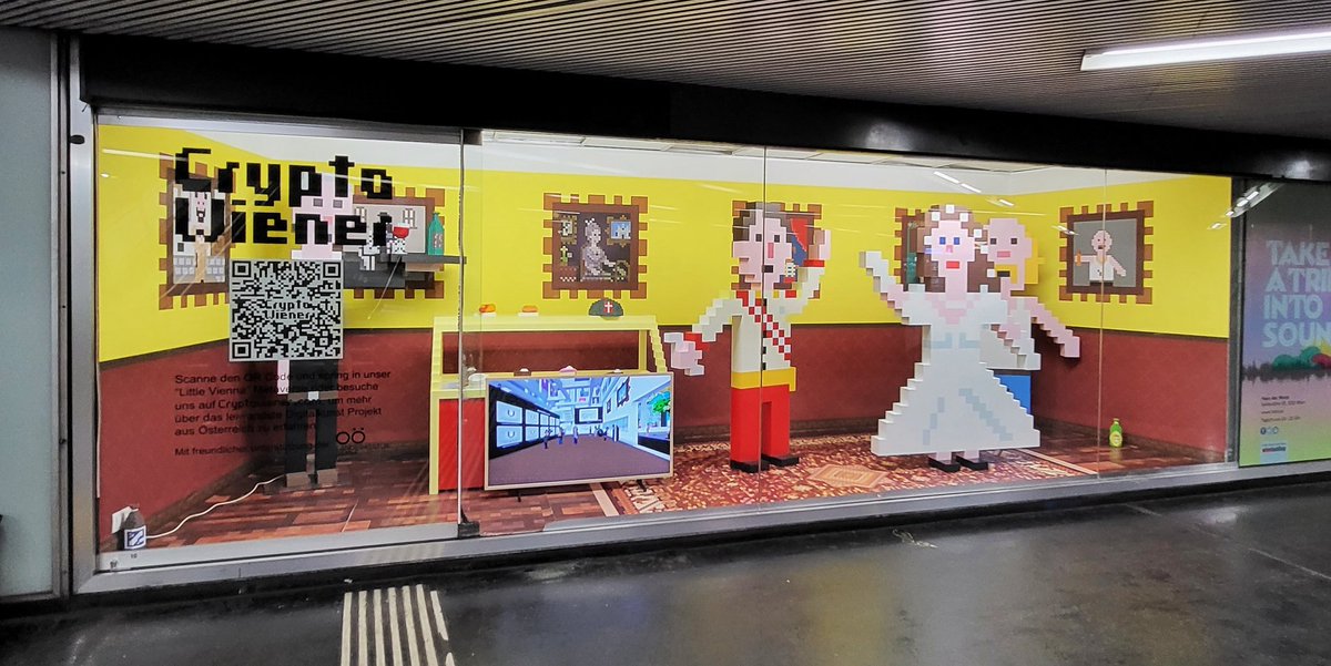 CryptoWiener_'s tweet photo. Our Coffeehouse "Klein Wien" opened today at Karlsplatz U1/U4 subway station ☕️
Stop by for a pixel "Sachertorte 🍰" and scan the QR-Code to explore our area in @cryptovoxels. Enjoy it until the end of the month 🤟🔥 https://t.co/s1zmKrGsax