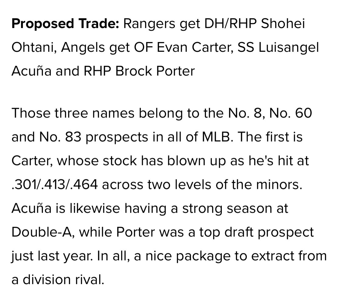 RangersInsiders's tweet photo. Bleacher Report published this article as a trade package for Ohtani. 

Thoughts? https://t.co/Tj91SCAKUZ