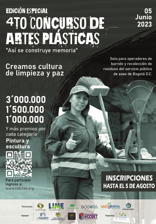 ProceraseoSas's tweet photo. Invitamos a todos los operarios del servicio público de aseo en Bogotá a participar en el concurso de artes plásticas CREAMOS CULTURA DE LIMPIEZA Y PAZ 🎨🖌️para todos los concesionarios😁@Promoambiental_ @BogotaLimpiaSAS @AreaLimpiaESP @Uaesp @funcolcree  #LIME #CiudadLimpia https://t.co/UbBzAJofo6