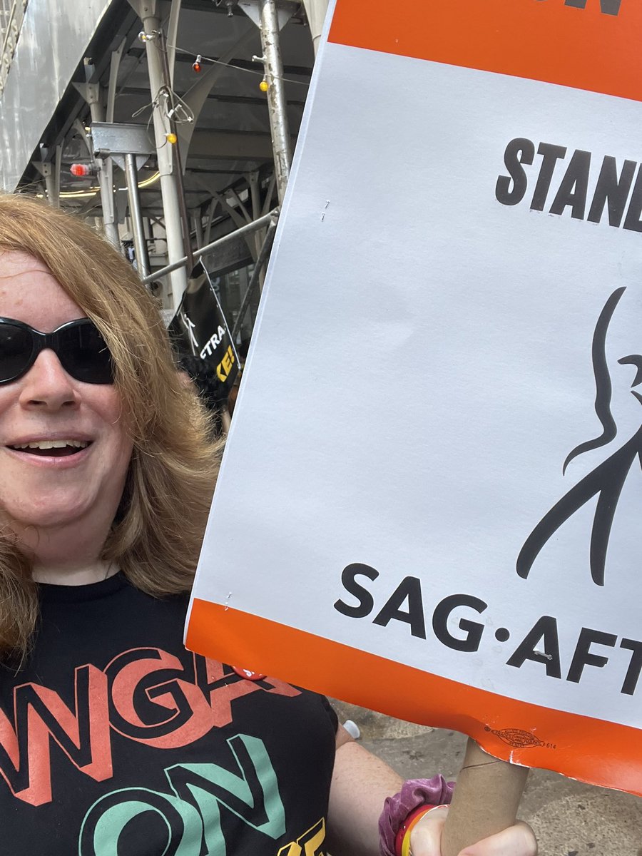 We stand together @sagaftra @WGAEast #onstrike and walking the #picket line to demand fair contracts! @wbd #amptp #transgender