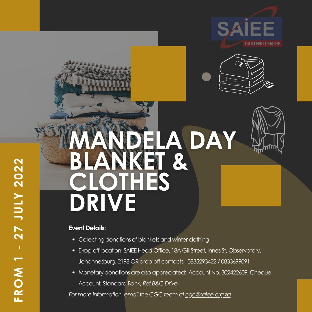 🤝 Join us in making a difference this Mandela Month! From 1-27 July 2023, we're collecting blankets and winter clothing for those in need. Let's create a warmer and more compassionate community. Details below. #MandelaMonth #CommunityDonationDrive #WinterWarmth #CGCEvents