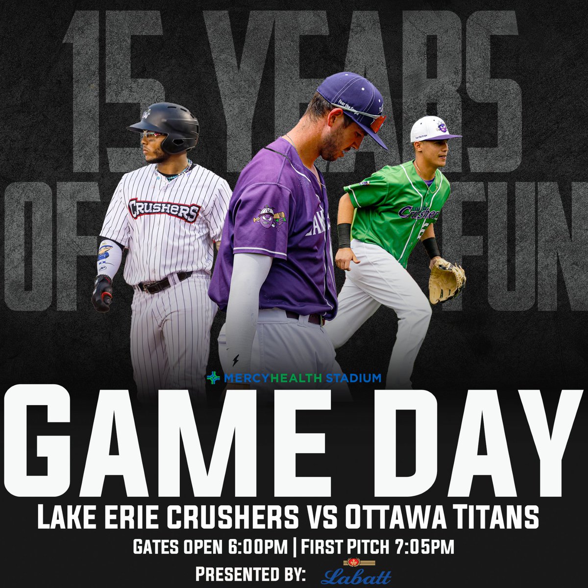 LECrushers's tweet photo. We are GAME DAY ready!
Join us for our 15 Years of Fun celebration presented by @LabattUSA
Post-Game: Kids Run the Bases, Fireworks & Jersey Auction
🎟️:https://t.co/fIEvgu6fss
#LakeErieCrushers #Ohio#Baseball #Cleveland #15YearsofFun #Fireworks #FridayFireworks https://t.co/VCbP5jURwD
