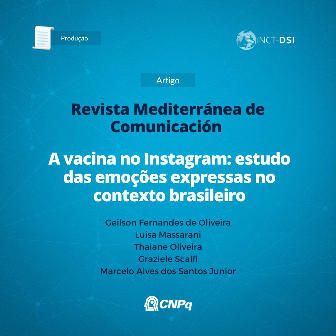 inct_dsi's tweet photo. A Revista Mediterránea de Comunicación acaba de publicar o artigo “A vacina no Instagram: estudo das emoções expressas no contexto brasileiro”, desenvolvido em uma parceria de pesquisadores 👇 https://t.co/qVIhwhPTWj