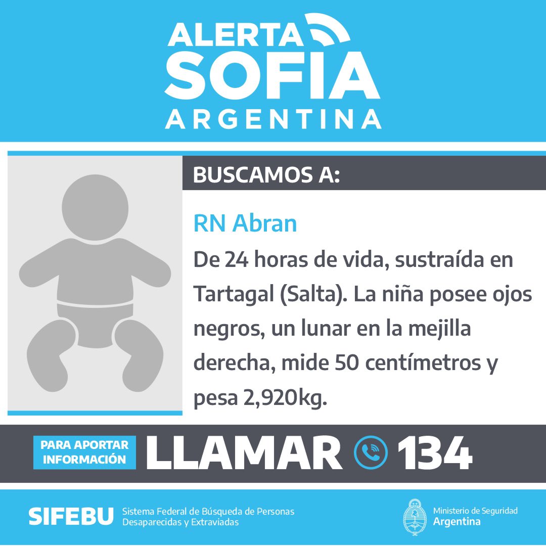 marceloleyria's tweet photo. SE BUSCA PARADERO
RECOMPENSA
A quienes aporten datos que ayuden a encontrar a:

BEBA RECIÉN NACIDA

Nacionalidad: Argentina. Fue vista por última vez el 14 de julio de 2023 a las 07:00 en el Hospital Juan Domingo Perón en la ciudad de Tartagal, provincia de Salta. https://t.co/ot9CSQBRyH