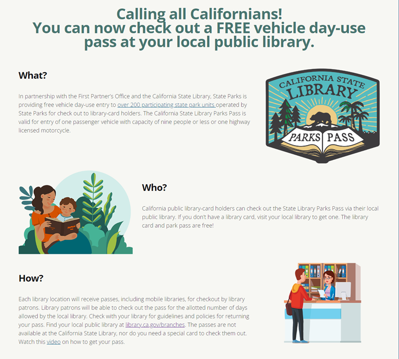 What a great idea: you can now check out FREE vehicle day-use passes for California state parks from your local library! Get the details here: parks.ca.gov/?page_id=30806.