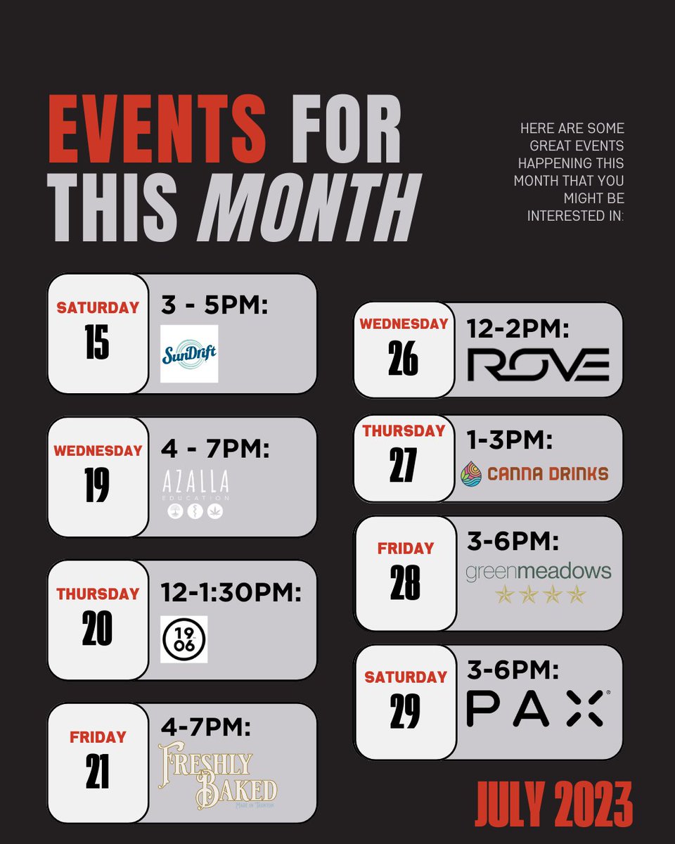 Check out all of our upcoming events with: 
-SunDrift 
-Azalla Education
-<a href="/1906NewHighs/">1906</a> 
-<a href="/freshlybaked_co/">Freshly Baked Company</a> 
-Rove
-Canna Drinks
-<a href="/Greenmeadows/">Green Meadows</a> 
- &amp; <a href="/madebyPAX/">PAXvapor</a> ! 

We can't wait to see everyone! 

#Popups #6Bricks #SpringfieldMA