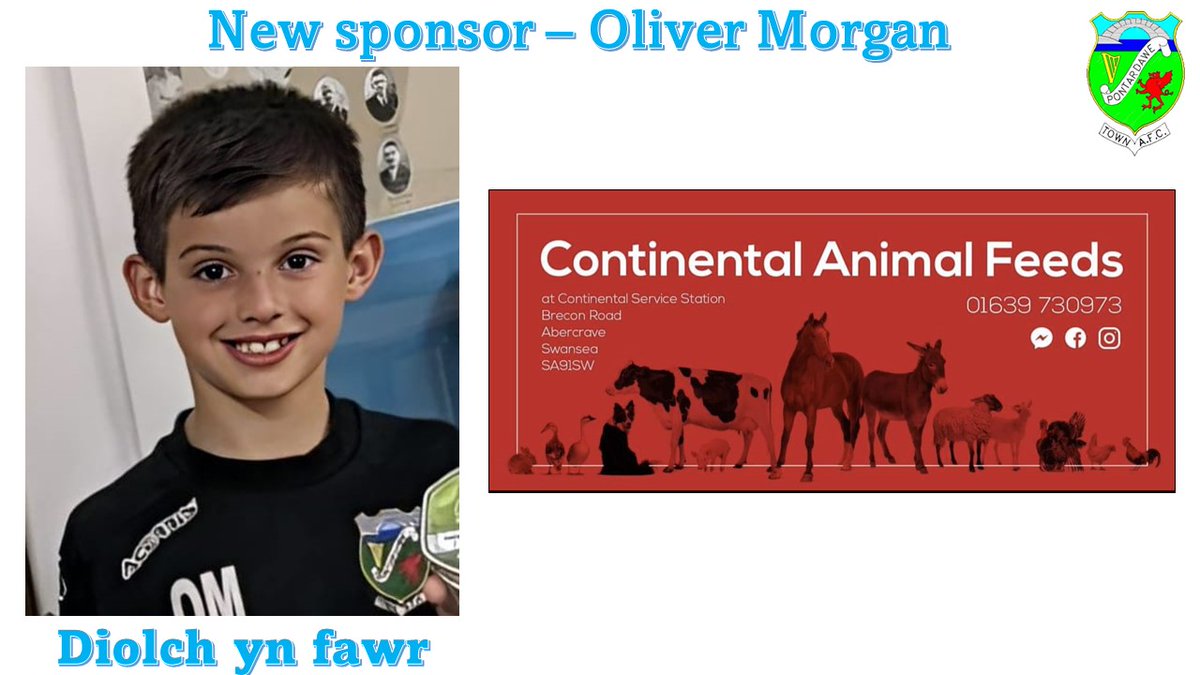 pontyacademyfc's tweet photo. New player sponsor 23-24 

Oliver Morgan from our U10s has found a second sponsor.  Thanks to Continental Animal Feeds for supporting Oliver this season.  #UppaPonty https://t.co/ruYDkQiDBU