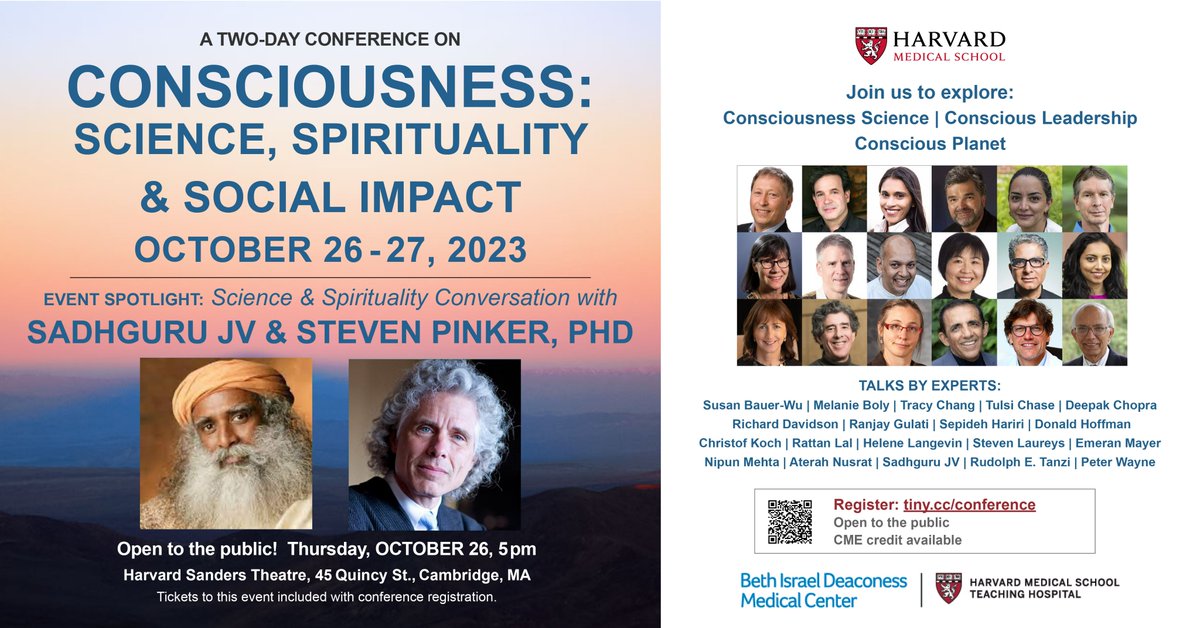 Unveil the Mystery of Consciousness <a href="/harvardmed/">Harvard Medical School</a> on Oct 26-27! 🌟
Join @Sadhguru, @SApinker, &amp; esteemed leaders merging science and spirituality. Explore consciousness, leadership, and environmental impact.
Register Early Bird Discount until August 1st: tiny.cc/conference.