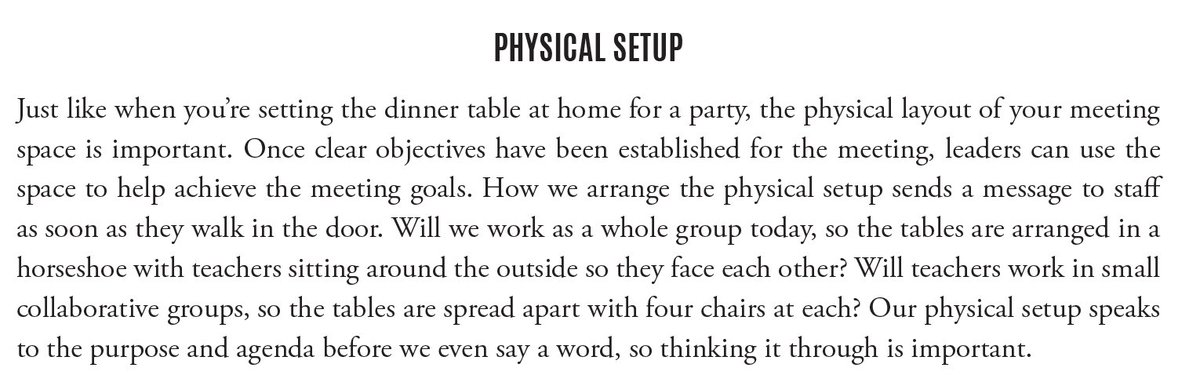 A1: Think of the staff meeting space as your classroom. How will you set the room up physically to support the goals of the meeting? Check out this snippet from the book! #LeadLAP #LeadwithCollaboration