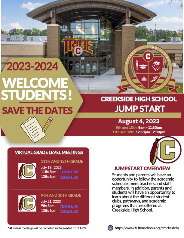 CHS Families: Are you prepared for school start? Join us to learn more! Welcome to the TRIBE! bit.ly/CHS23Jumpstart @parents4edu_SF @Creekside_Tribe @creeksideavid @Creekside_FCA @Creekside_SGA @CreeksideHSBand @Franchesca_Warr @KimberlyRDove #WearetheTRIBE #Zone2