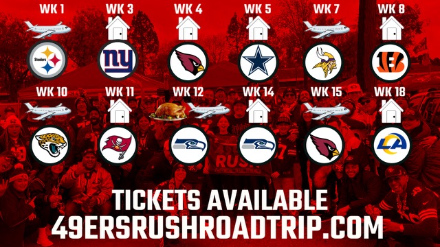 🚨49ers Rush Road Trip 2023 is now up to 12 games!

Get your tickets to tailgates and parties at 49ersRushRoadTrip.com 

All parties and tailgates include trivia, giveaways, fun contests, community &amp; DJs. Plus all events are family friendly (under 18 get in free to all events)